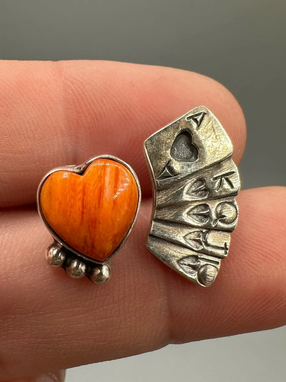 Orange Spiny Sterling Silver 925 Adjustable Poker Cards Heart Ring Handmade